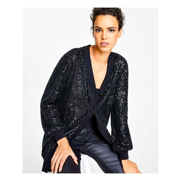 INC black sequin cardigan sz L - Picture 1 of 8